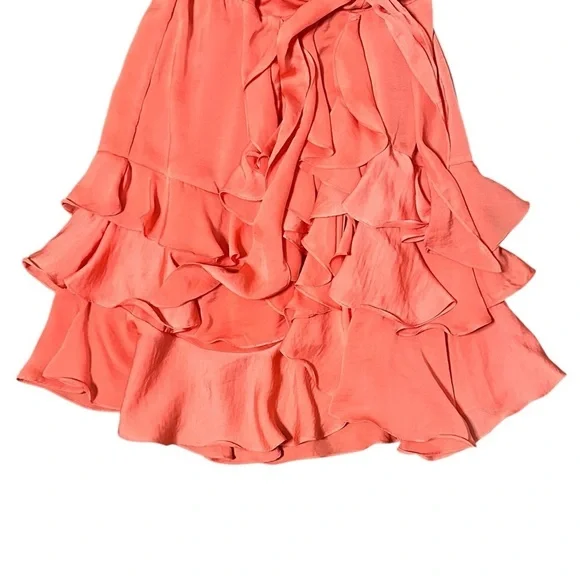 Rebecca Taylor Cha Cha Ruffle Tiered Strapless Sash Tie Coral Satin Dress 4 - Picture 3 of 6